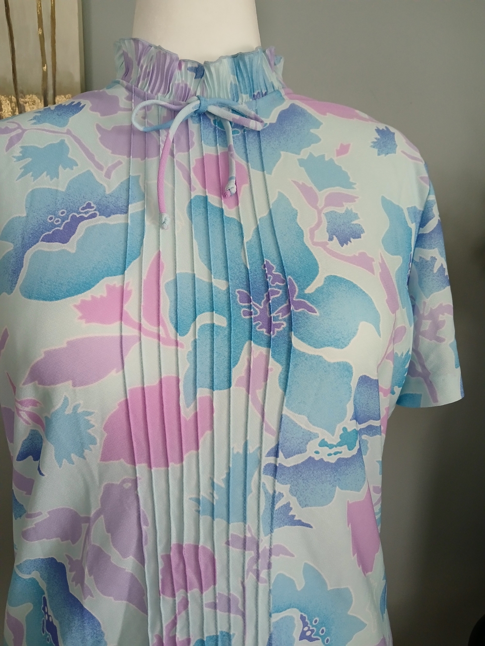 Pleated Ruffle-Neck Blouse in Pastel Blue & Pink. VINTAGE. FROM 70